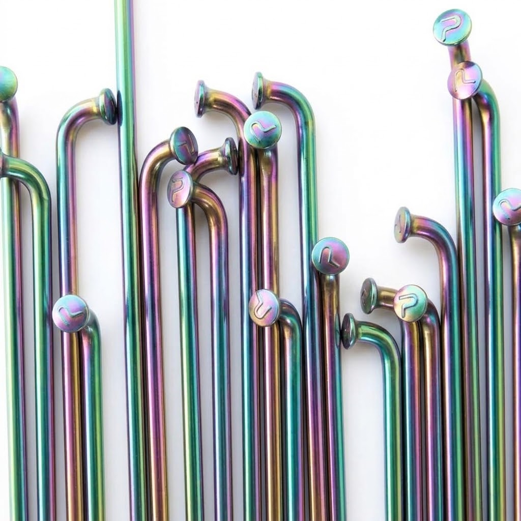 PILLAR RACING SPOKES - P14 Ti PLATING OILSLICK - RAINBOW STAINLESS STEEL (18 pack)